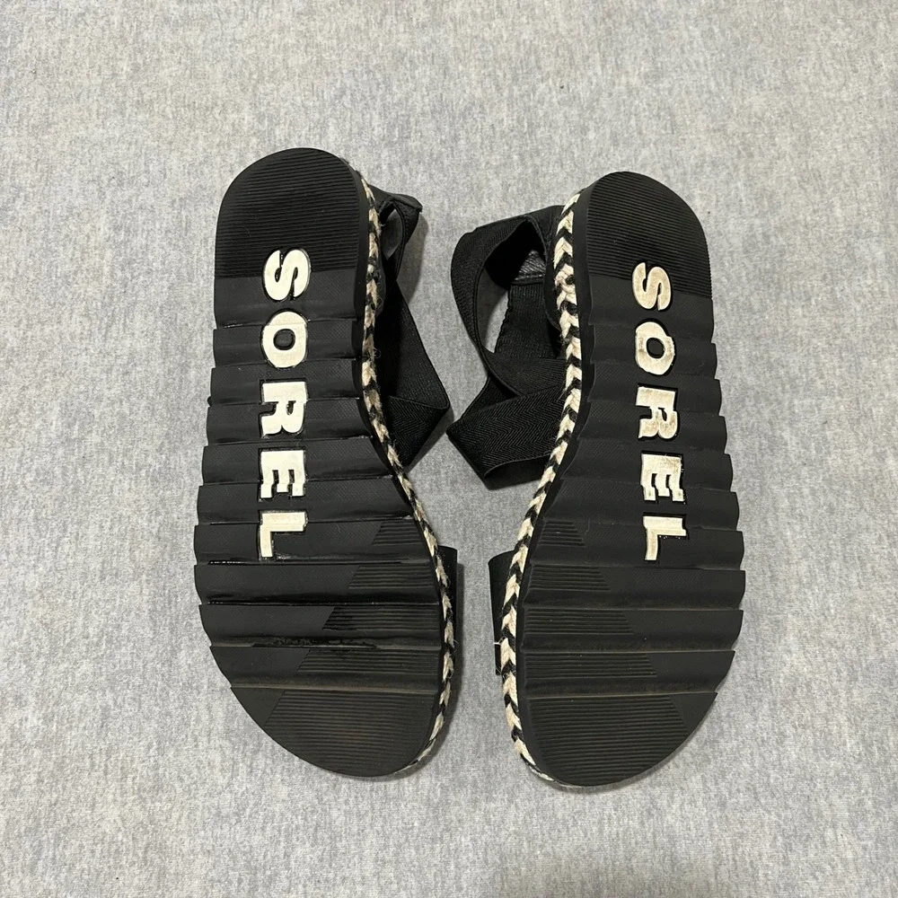 Sorel Ella II Sandal Womens 6‎ Black Leather Elastic Strap Espadrille NL4045-010